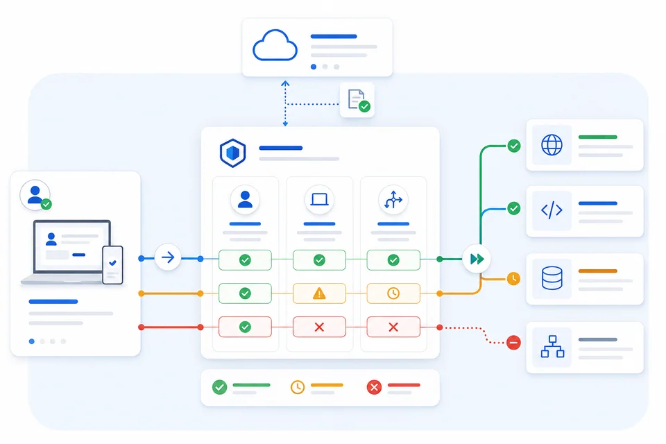 Conceptual Oten Gateway view showing a protected resource, identity and device-aware access decision, policy version, and enforcement confirmation.