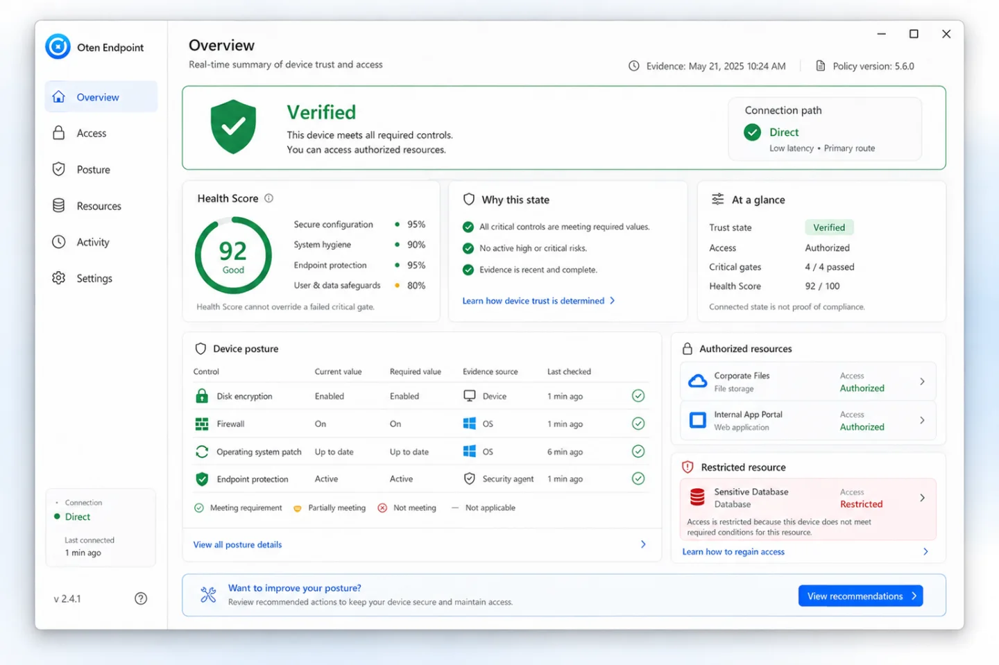 Oten Endpoint interface showing verified device trust, a health score, posture and critical-gate results, the active policy version, and authorized versus restricted resources.
